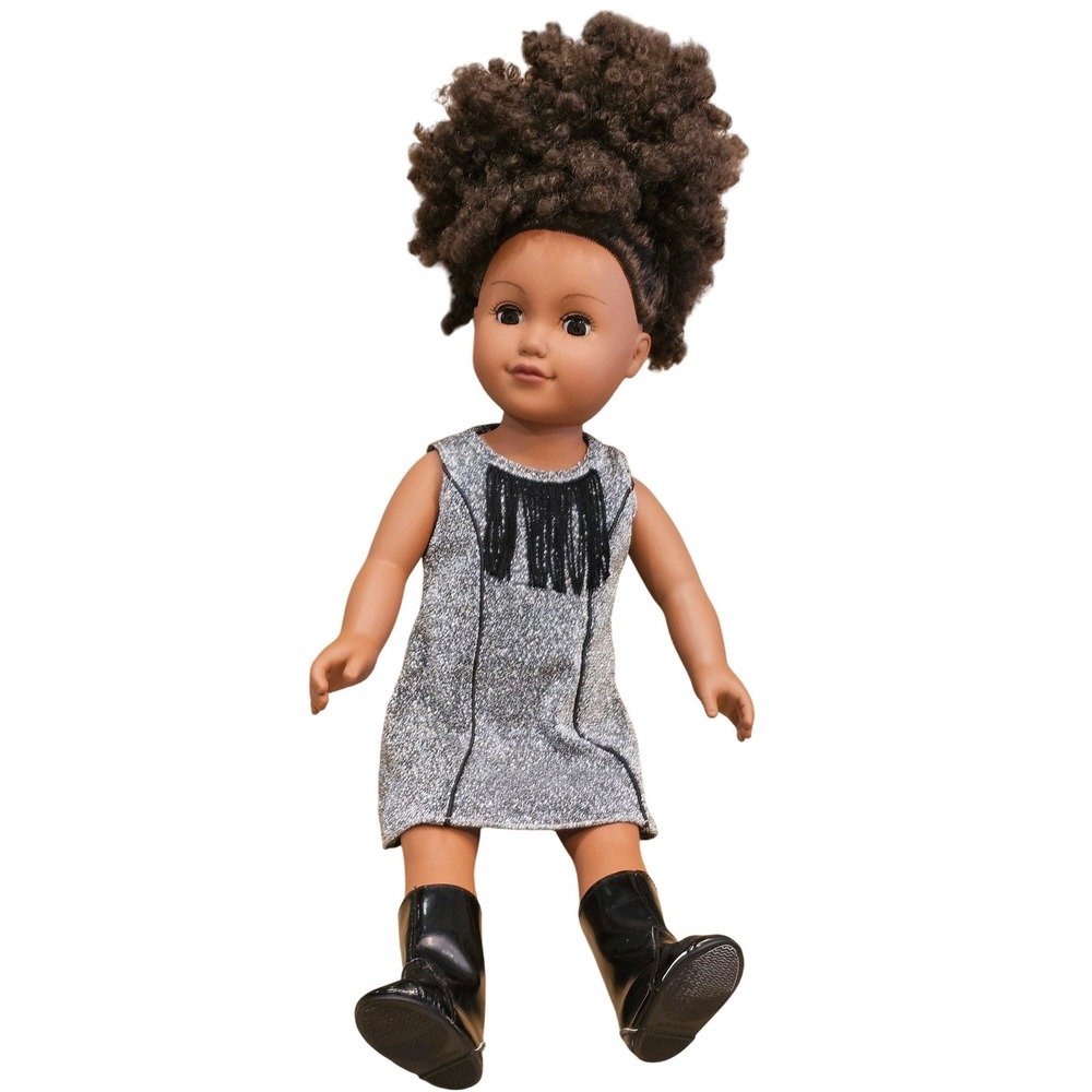 Our Generation 18 Inch Doll Silver Glitter Dress Black‎ Fringe Boots Brown Eyes